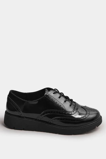 Black Patent Lace Up Brogue Flats In Extra Wide EEE Fit