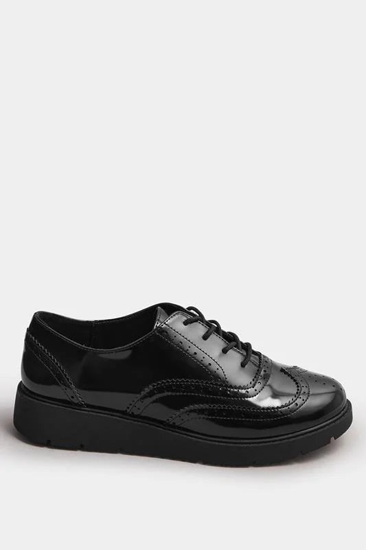 Black Patent Lace Up Brogue Flats In Extra Wide EEE Fit